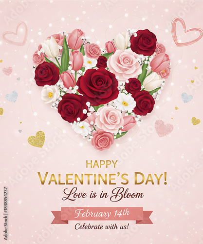 realistic rose bouquet heart on pink background saying love is in bloom.