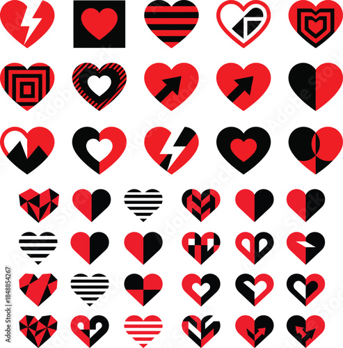 A captivating collection of diverse red and black heart icons representing love and emotion