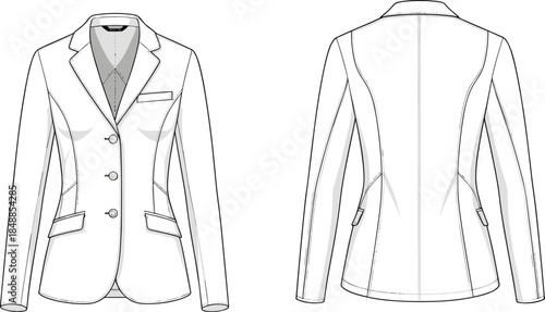 Women’s tailored blazer technical flat sketch, front and back view, notched lapel, flap pockets, princess seams, fashion vector illustration