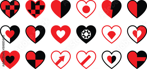Diverse collection of vibrant red and black heart icons illustrating love and emotion