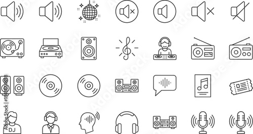 A comprehensive collection of black outline vector icons representing music equipment audio production sound controls dj gear and musical entertainment elements on white background.