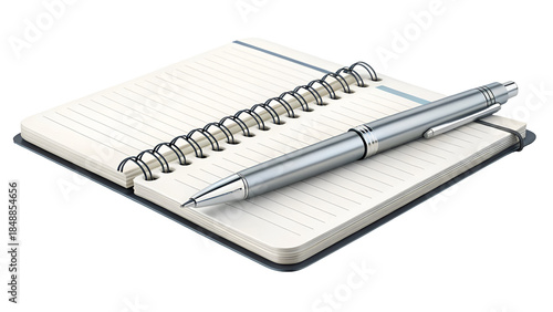 Open spiral-bound notebook with lined paper and a metallic silver ballpoint pen resting on the pages isolated on a white background.