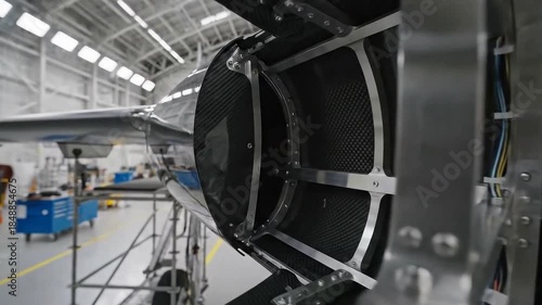 Close-up of aircraft engine in a modern industrial hangar