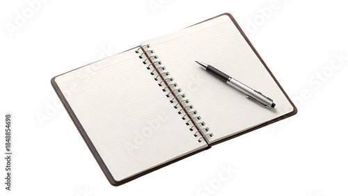 Open spiral notebook featuring blank lined pages and a silver ballpoint pen, ready for business notes or planning, isolated on transparent background.