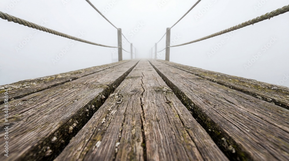 Fototapeta premium Eerie Wooden Plank Bridge with Rope Railings Disappearing into Thick Fog, Symbolizing Uncertainty and the Unknown
