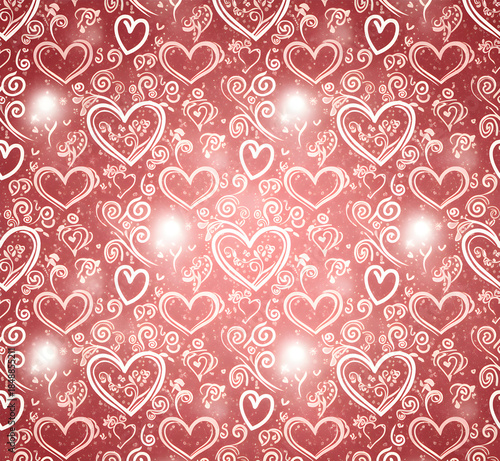 Red wallpaper pattern with glowing white heart outlines and decorative swirls throughout.