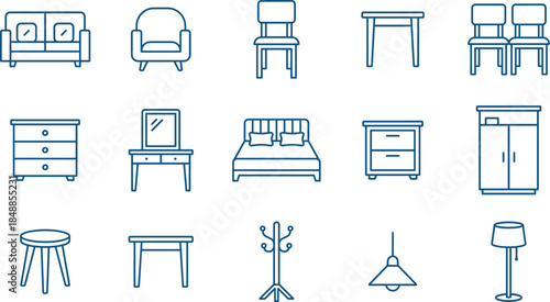 Furniture icons, home decor, interior design, sofa, chair, table, bed, wardrobe, lamp, stool, vanity, nightstand, chest, rack, armchair, drawer, mirror, ceiling light, floor lamp, household, outline