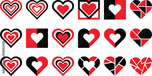 A vibrant collection of diverse heart icons in red, black, and white for various designs