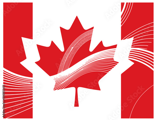 A striking flag-inspired artwork featuring a bold red maple leaf at the center, set against a segmented white and red mosaic. Evokes patriotism, national pride, and modern graphic design