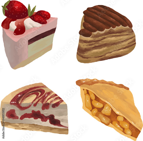Assorted Sweet Cake Slice Illustrations with Fruit and Caramel