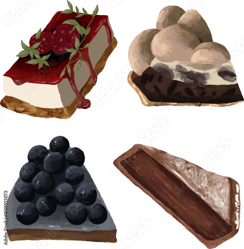 Chocolate and Berry Dessert Cake Slice Illustrations