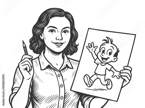 female animator holding a cartoon character drawing and pencil, representing animation, illustration sketch engraving generative ai vector illustration. Scratch board imitation. Black and white image.