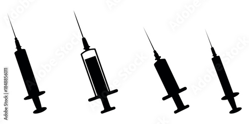 Syringe injection silhouette vector set in minimal flat style. Medical syringe icons collection with transparent background, suitable for healthcare, medicine, vaccination, and medical design use.