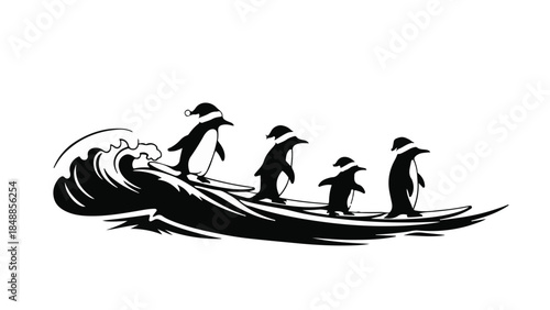 Playful penguins ride a wave on surfboards, celebrating summer fun and adventure