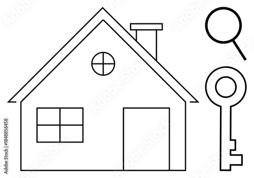 Minimalist house outline with windows, door, and chimney alongside magnifying glass and key. Ideal for real estate, property search, home security, ownership, rental, housing market investment