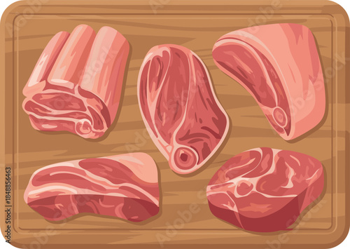 Raw Meat Cuts on Wooden Board - Fresh Beef and Pork Steaks for Butchers Shop and Cooking