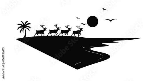 Silhouette of reindeer herd walking across a landscape under a dark sun and birds flying.