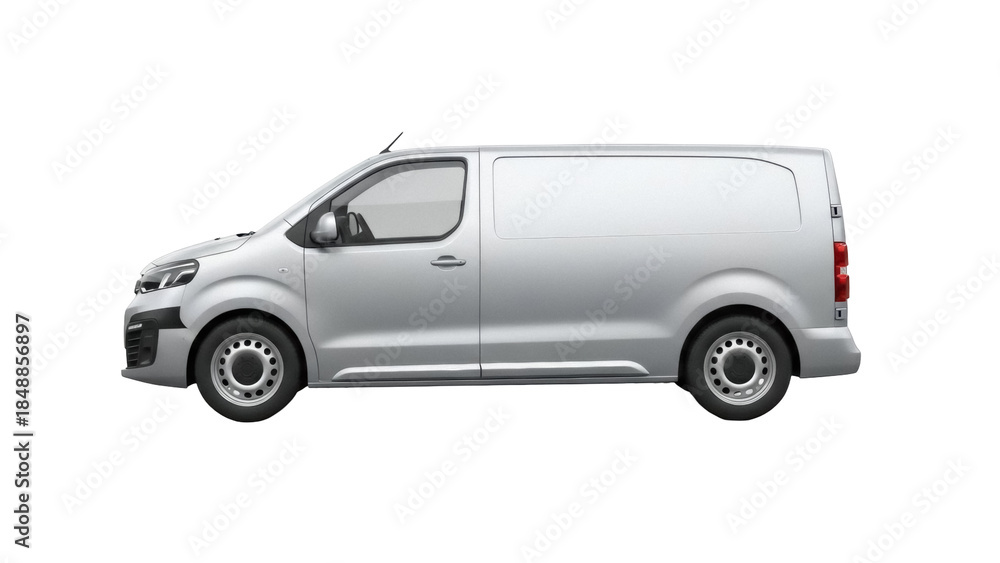 Fototapeta premium Isolated metallic silver panel van on studio background for commercial, delivery, and work uses