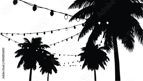 Silhouettes of palm trees and festive string lights against a bright sky, evoking tropical evenings and celebrations.