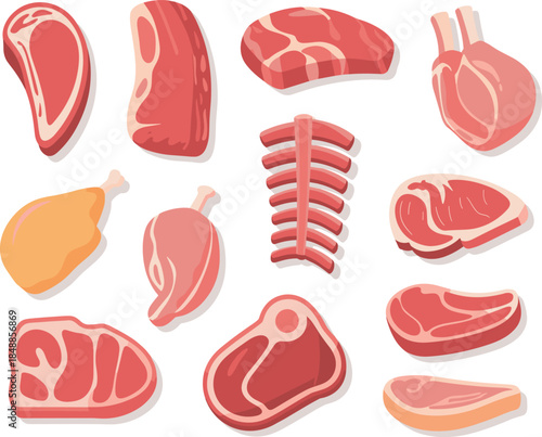Raw Meat Cuts Set - Beef Steak, Pork Ribs, and Chicken Leg