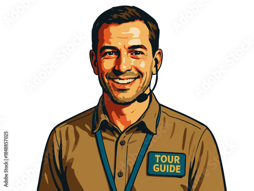 friendly tour guide with headset and name badge, representing travel services, guided tours, and customer support in tourism. Generative ai vector colorful pop art illustration.