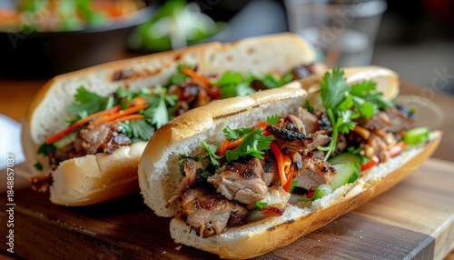 Delicious Banh Mi Sandwiches with Grilled Pork and Fresh Vegetables