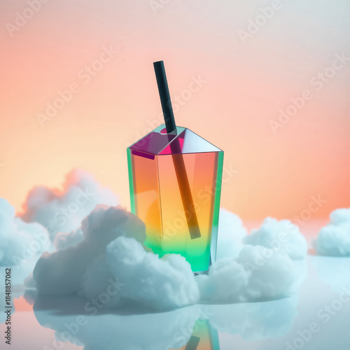 Holographic Rainbow Juice Carton With Straw Floating on Soft Clouds