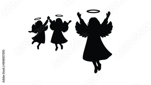 Silhouettes of angels with halos reach upwards in celebration against a white background.