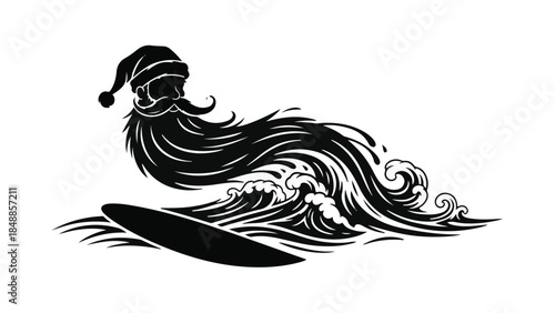 Whimsical Santa surfing on a wave, his beard blending into the sea spray, with a surf board.