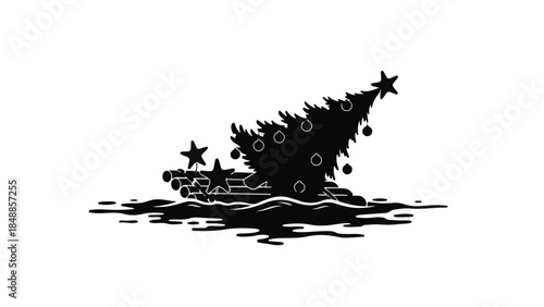 Festive holiday tree silhouette emerging from dark water, symbolizing reflection and hope.