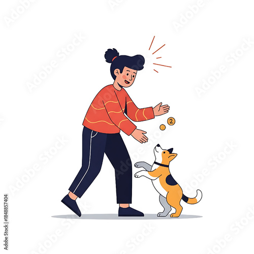 Joyful Person Playing and Training Pet Dog with Treats Vector Illustration
