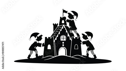 Playful children in elf hats build a magical sandcastle together on a sunny day.