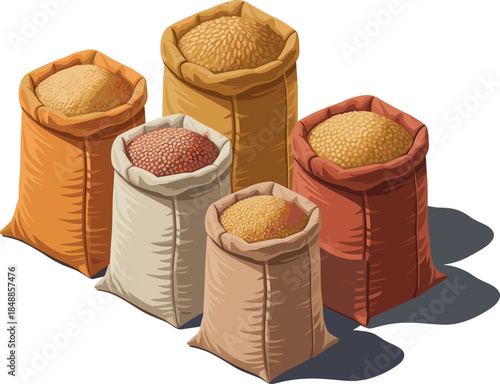 Sacks of Grains and Cereal - Isometric Illustration of Burlap Bags Full of Wheat, Rice, or Pulses