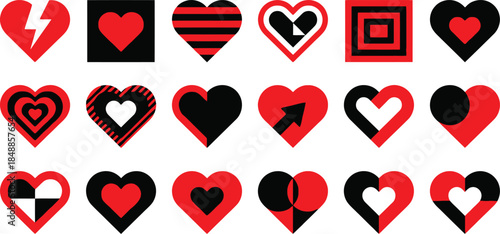 A collection of diverse red and black heart icons with various modern designs