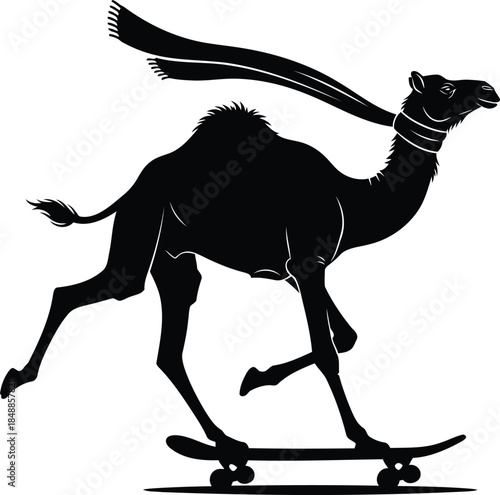 Skateboarding camel silhouette with flying scarf illustration