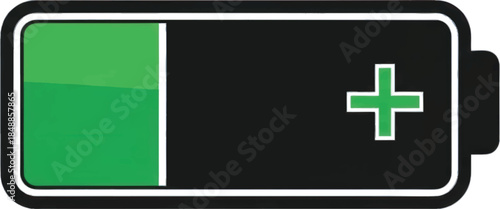 A graphic illustration of a battery icon with a partial green charge level and a plus sign.