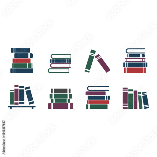 Collection of colorful book stacks and arrangements