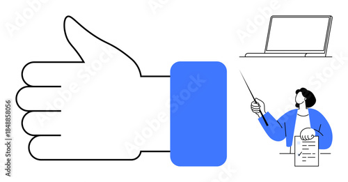 Large thumbs-up hand next to a person pointing at a document with a stick and a small laptop. Ideal for approval, teamwork, education, success, presentations, online learning, simple flat metaphor