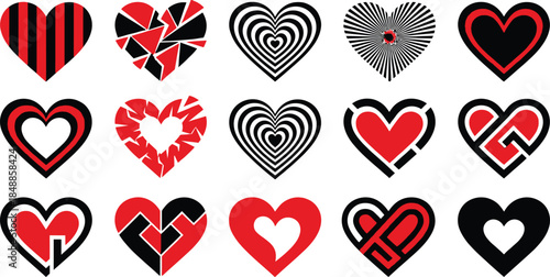 Diverse collection of abstract heart icons with unique red and black designs