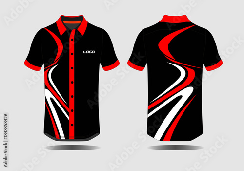 Stylish Black and Red Sports Shirt Design with Dynamic Patterns and Logo Space