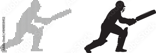 Cricket Player Silhouette and Pixelated Icon Sports Illustration