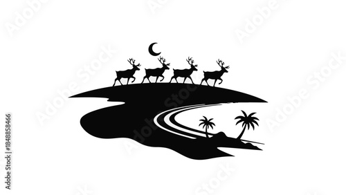 Whimsical silhouette of reindeer on a crescent moonlit night over a tropical island.
