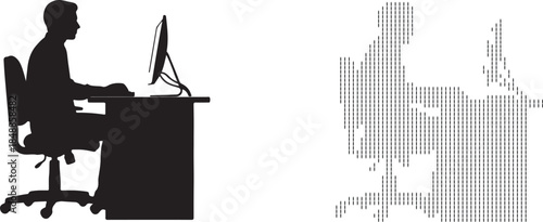 Silhouette of a person working at a computer desk, shown in solid black and pixelated grey