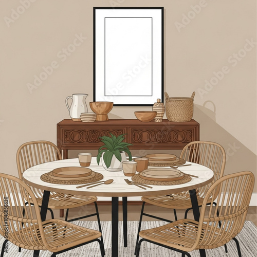 Modern Dining Room: A beautifully designed dining room showcases a round table with place settings, woven chairs, and a decorative console against a neutral backdrop.