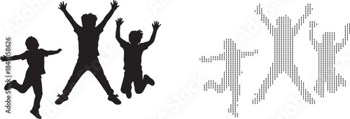 Silhouettes of happy children jumping with joy, celebrating freedom and childhood fun