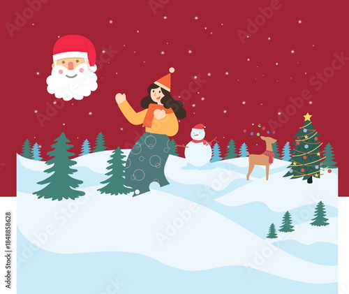 Red Illustration Christmas Presentation santa, snow, winter, santa claus, tree, holiday, gift, xmas, cartoon, illustration, snowman, card, vector, celebration, new, hat, new year, december, year, gree