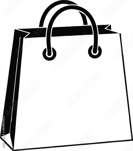 Simple Black and White Shopping Bag Icon for Retail, E-commerce, Sales, and Consumer Purchases on a White Background with Copy Space