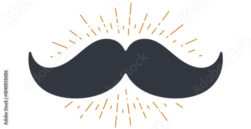 Black mustache. Silhouette black vintage moustache isolated, white background. Symbol of Fathers day, sign Barber Shop, illustration Movember. Vintage mustache sun rays sunburst. Vector illustration
