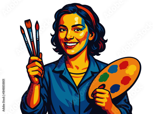 smiling female painter holding paintbrushes and a palette, representing creativity, fine art, and artistic profession. Generative ai vector colorful pop art illustration.