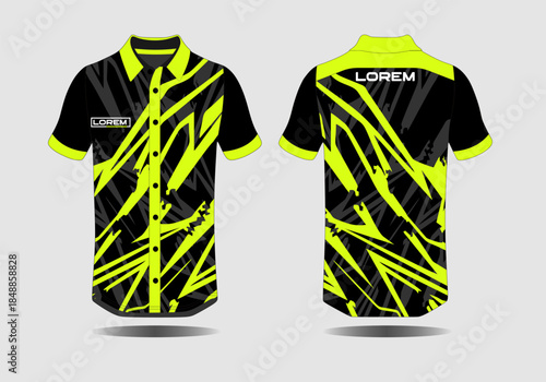 Stylish black and neon yellow short sleeve shirt with bold graphic pattern design